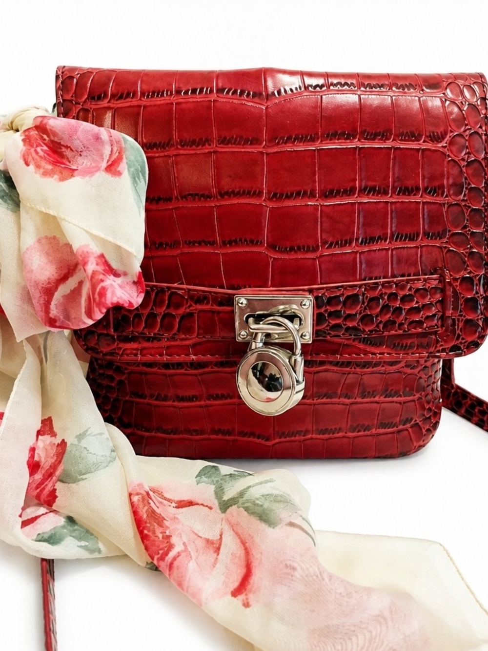 Red Croc-Embossed Faux Leather Crossbody Bag with Floral Scarf